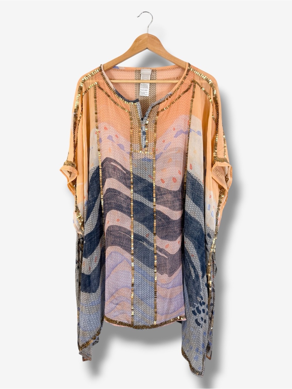 Chico’s Sheer Sequin Poncho L/XL Swimsuit Coverup Orange Blue Dolman Casual